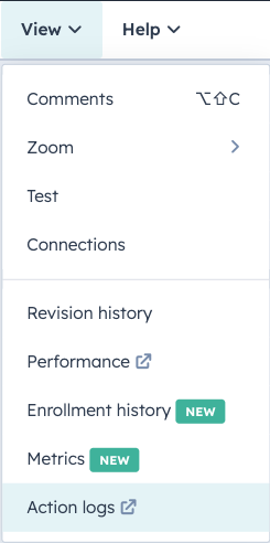 The HubSpot workflow View menu with Action Logs selected