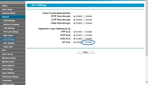 Disable SIP ALG for TP Link Router User Interface and CLI