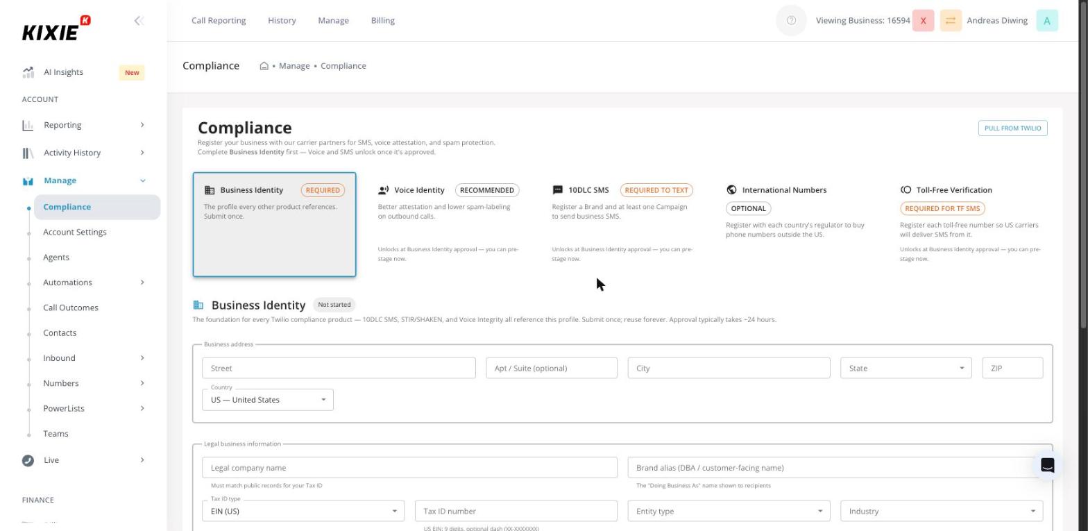 The Kixie Compliance page showing five registration cards: Business Identity, Voice Identity, 10DLC SMS, International Numbers, and Toll-Free Verification."