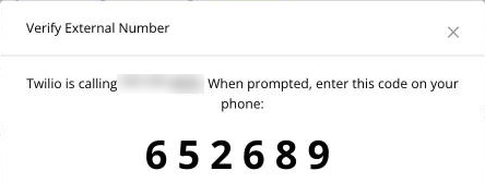 Verify External Number screen showing a 6-digit code