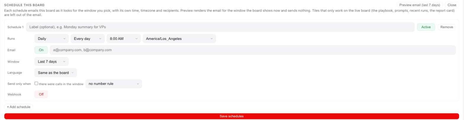 The Schedule this board panel with Runs, Email, Window, Language, Send only when and Webhook settings.