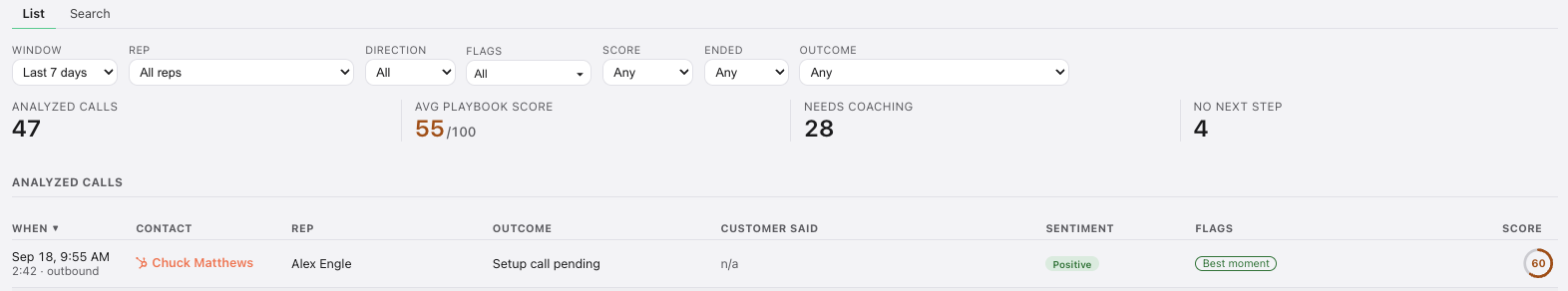 The Calls page with filters and summary numbers