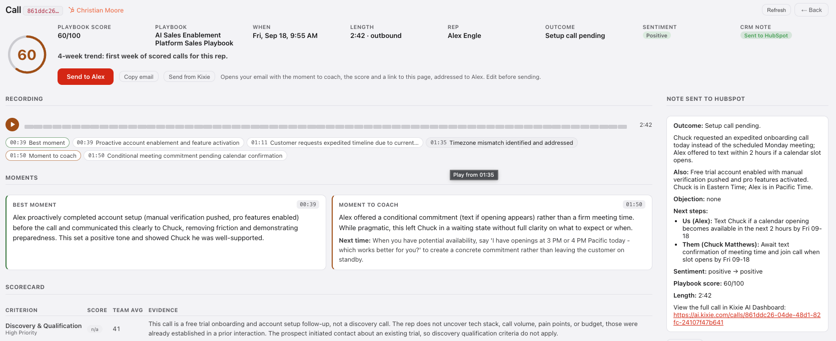 A call page with score, recording, moments and scorecard