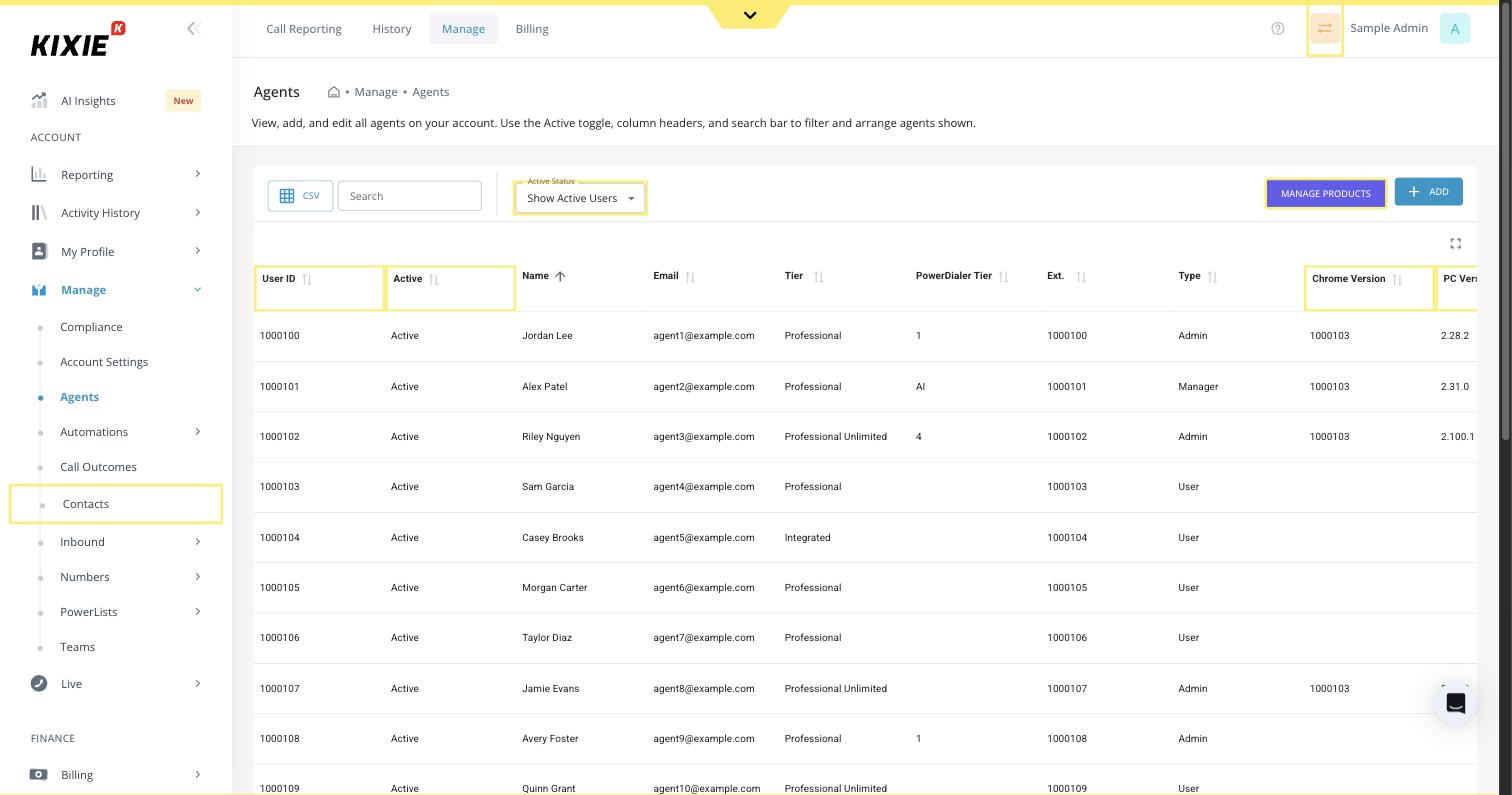 The Agents page at Manage, Agents, with the Active column showing each user's status