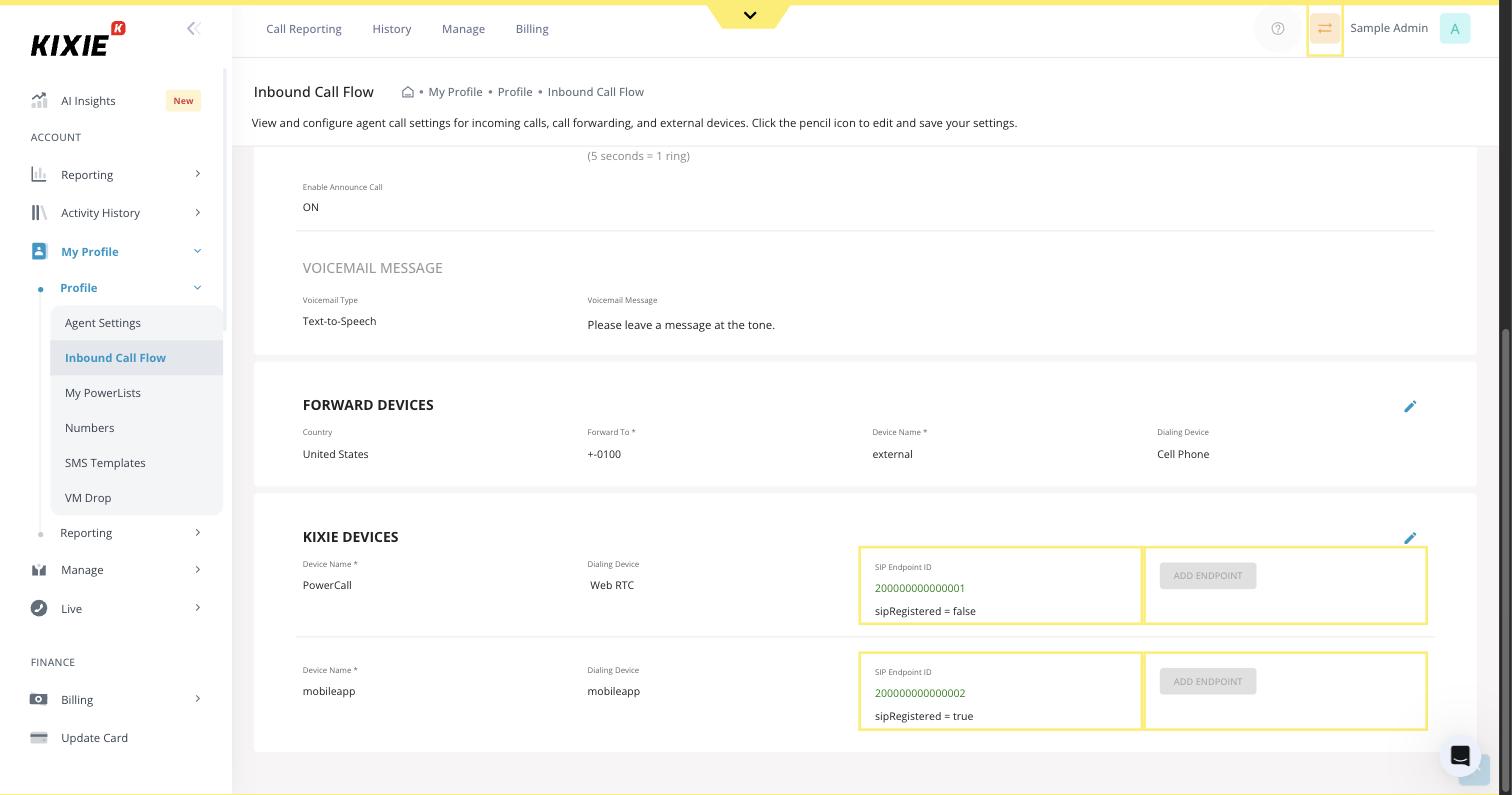 The Kixie Devices section of Inbound Call Flow, listing a PowerCall device and a mobileapp device