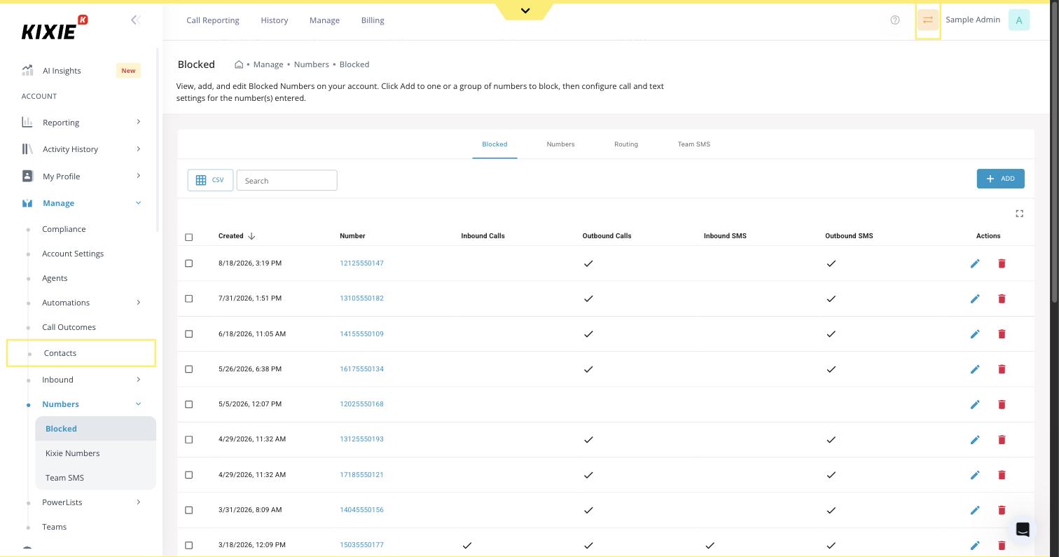 The Blocked page at Manage, Numbers, Blocked, listing blocked numbers with edit and delete icons in the Actions column
