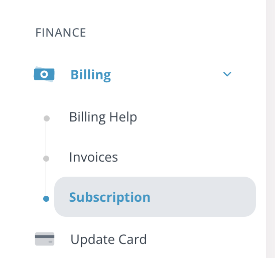 The FINANCE section of the left sidebar, with Billing expanded to Billing Help, Invoices and Subscription, and Update Card listed below