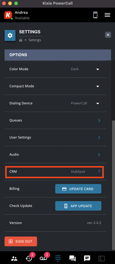 The PowerCall Settings panel showing the Check Update row with the App Update button, and the version number below it